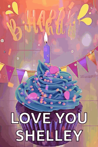 a birthday cupcake with a candle and the words `` love you shelley '' written on it