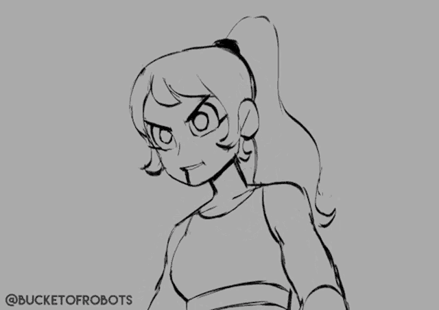 a black and white drawing of a woman with the words bucket of robots written below it