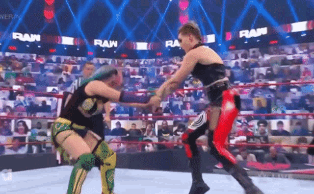 two women are wrestling in a wrestling ring while a crowd watches .