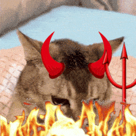 a cat with red horns and a trident