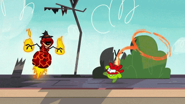a cartoon drawing of a witch holding a fireball and a green monster