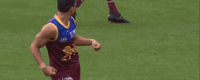 a man wearing a red and yellow jersey with a lion on it is standing on a field with his arms in the air .