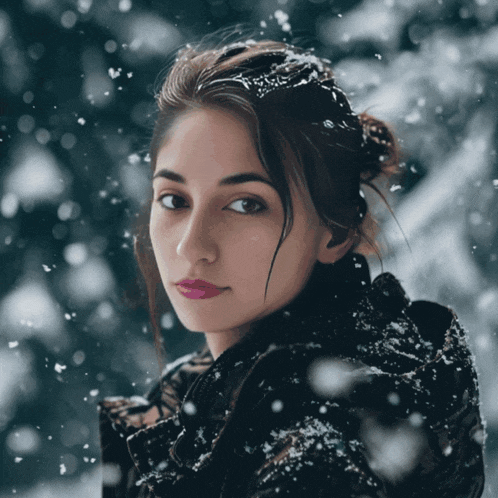 a woman is standing in the snow with snow falling on her head