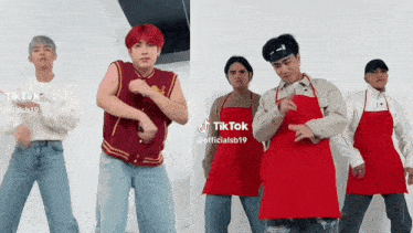 a group of young men wearing red aprons are dancing .