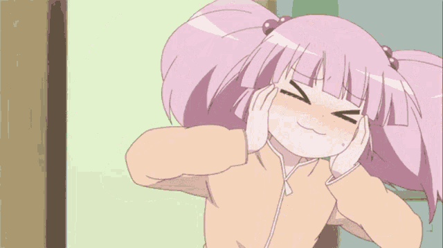a girl with pink hair is making a funny face