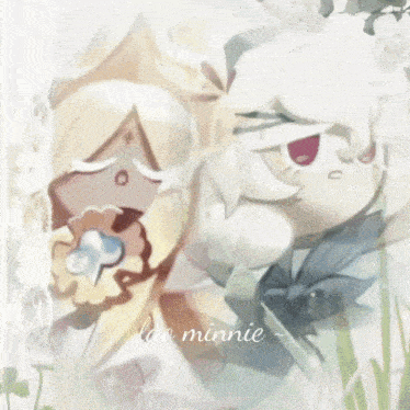 a couple of cartoon characters standing next to each other with the words " love minnie " written below them