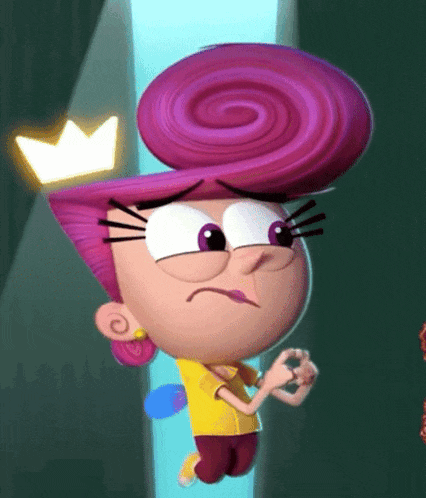a cartoon character with pink hair and a yellow shirt