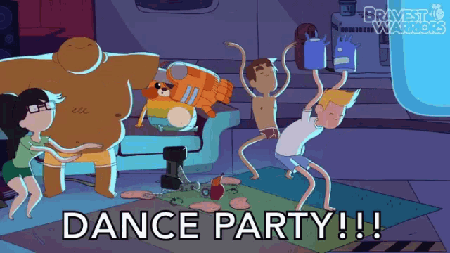 a group of cartoon characters are dancing in a room with the words dance party written on the bottom