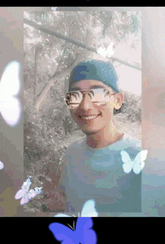 a picture of a man wearing sunglasses and a hat with butterflies around him