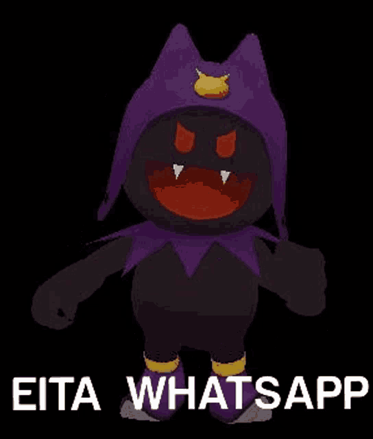 a cartoon character wearing a purple hat and a purple outfit is standing in the dark .