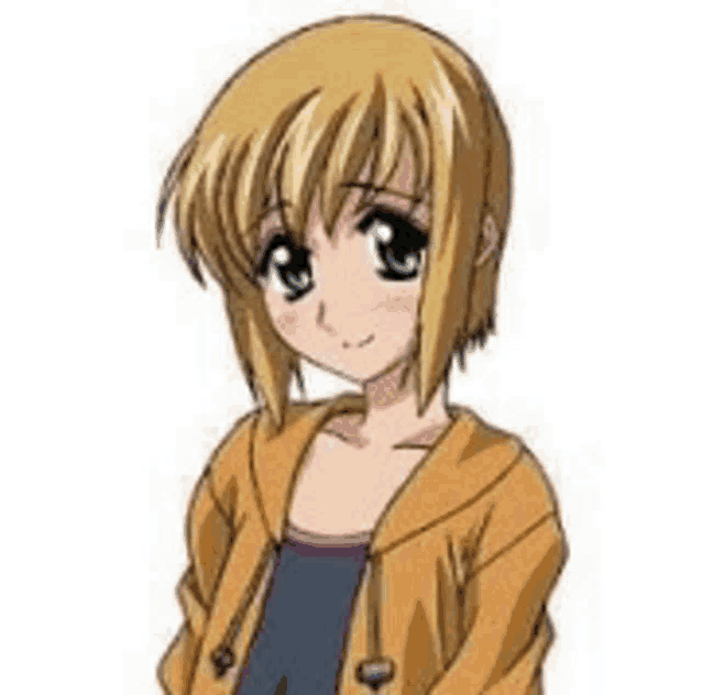a cartoon girl with blonde hair and green eyes is wearing a yellow jacket and a black tank top .