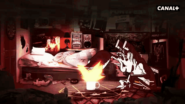 a cartoon of a room with a sign that says canal + on the bottom