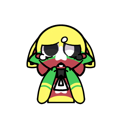a cartoon drawing of a person with a yellow head and green and red clothes