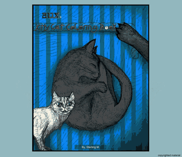 a kitty cat coloring book with two cats on a blue striped background