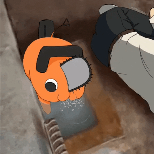 a cartoon drawing of a person holding a chainsaw with the name milkareart on the bottom