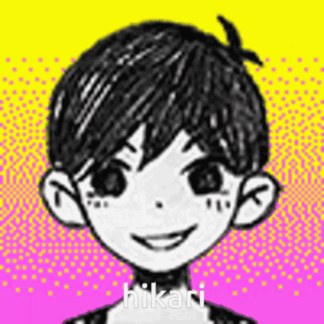 a black and white drawing of a boy with a smile on his face on a pink and yellow background .