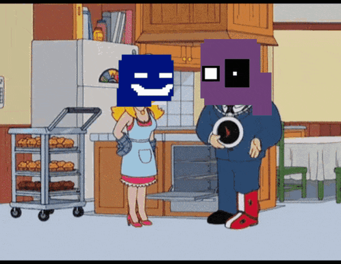 a cartoon of a man and a woman in a kitchen with a smiley face on their faces
