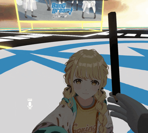 a girl is holding a stick in front of a sign that says bang dream