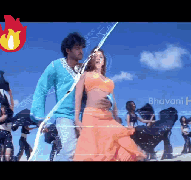a man and a woman are dancing in front of a blue sky and the words bhavani h.