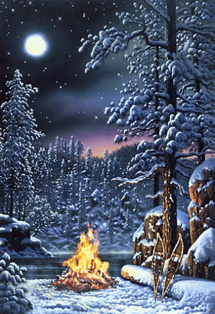 a painting of a snowy forest with a campfire in the middle