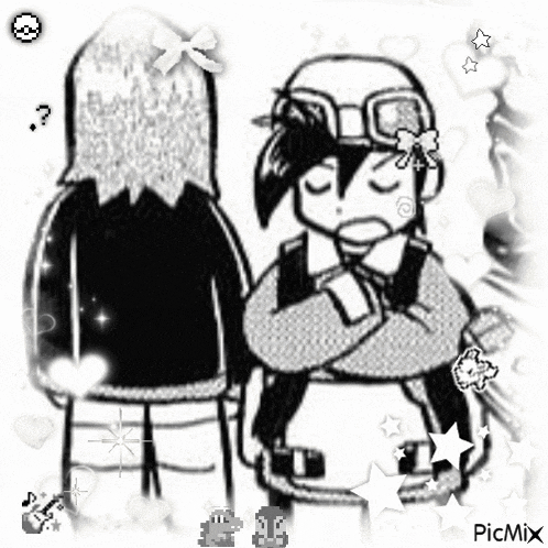 a black and white drawing of two people standing next to each other with their eyes closed .