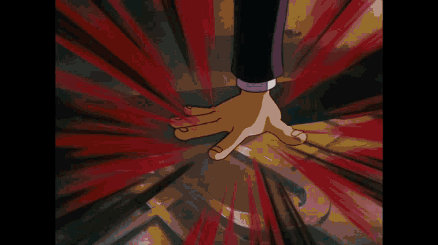 a cartoon hand is reaching out towards something with red lights behind it