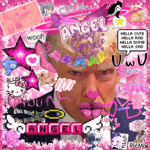 a picture of donald trump surrounded by pink and purple stickers with the word angel on the bottom