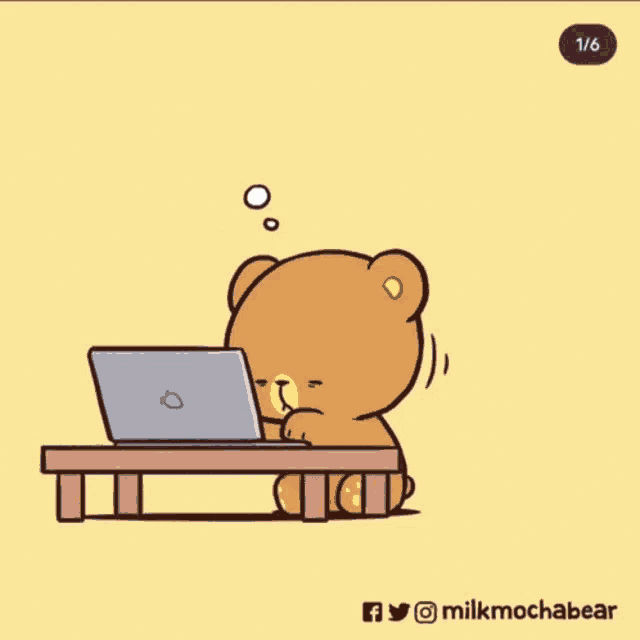 a cartoon drawing of a teddy bear standing next to a laptop