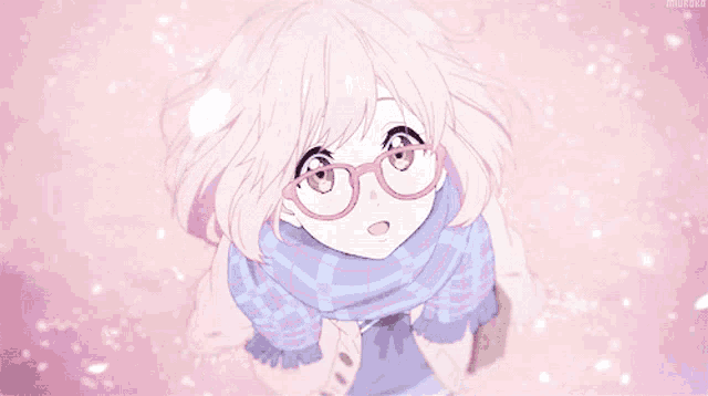 a girl wearing glasses and a scarf is looking up at something