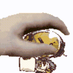 a pixelated image of a hand holding a smiley face