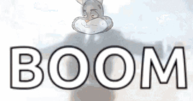 a cartoon rabbit is flying in the air above the word boom