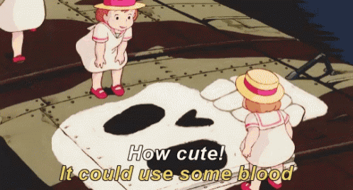 a cartoon of two girls standing next to a skull with the words how cute it could use some blood