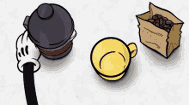 a cartoon drawing of a coffee pot a yellow cup and a box of coffee beans