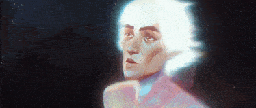 a painting of a woman 's face with a light coming out of it .