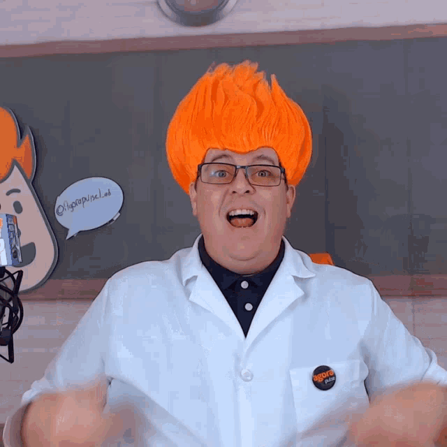 a man wearing an orange wig and glasses has a button on his lab coat that says " olympus " on it
