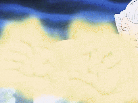 a cartoon character with a beard and gray hair is blowing a green smoke bomb