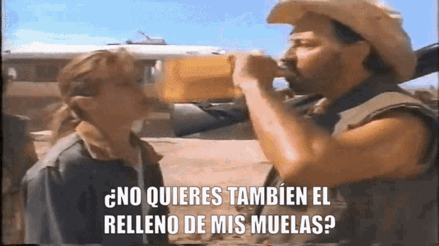 a man in a cowboy hat drinks from a bottle while a woman talks to him
