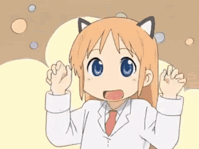 a cartoon character with cat ears on her head is scratching her head .