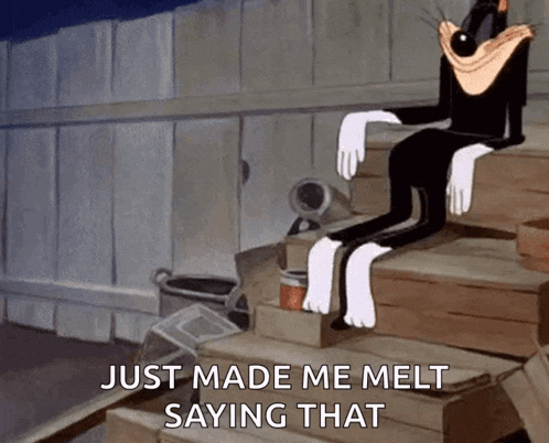 a cartoon character is sitting on a set of stairs and says just made me melt saying that