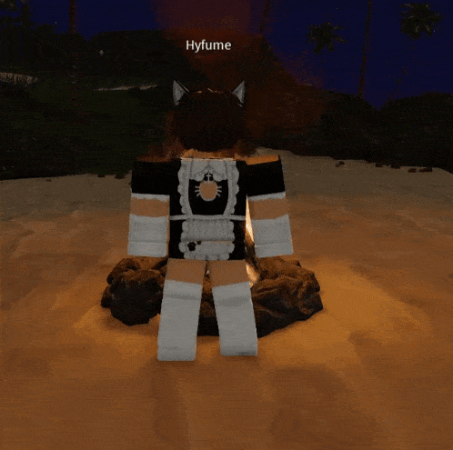 a girl in a maid outfit is standing in the sand and the name hyfume is on the top