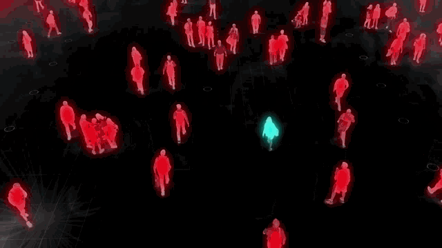 a group of people are walking in a circle and one of them is glowing red