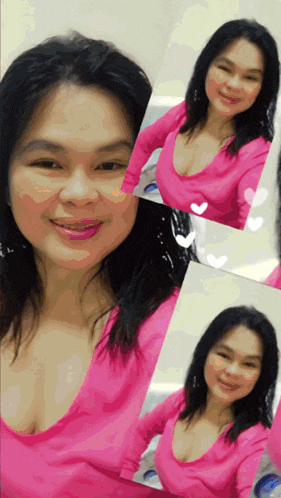 a woman in a pink shirt is smiling in a collage of photos