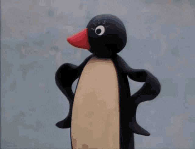 a black and white penguin with a red beak is standing with its arms crossed .
