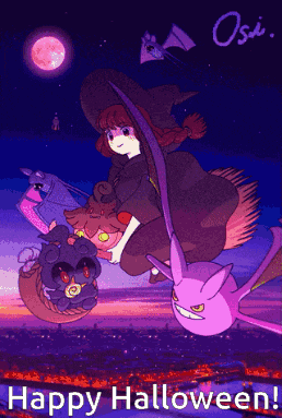 a witch is flying on a broom next to a bat and a purple monster with the words happy halloween on the bottom