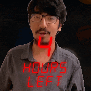 a man with glasses and a beard stands in front of a sign that says 4 hours left