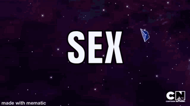 a cartoon with the word sex written in white on a blue background