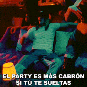a man sitting on a couch with the words " el party es mas cabron si tu te sueltas " below him