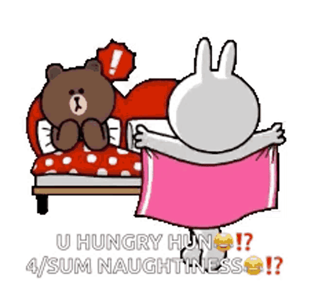 a brown bear and a white rabbit are laying on a bed .