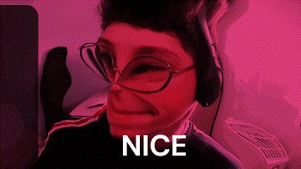 a woman wearing glasses and headphones with the word nice written on the bottom