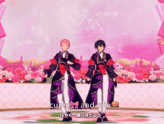 cupid and mio are dancing in front of flowers
